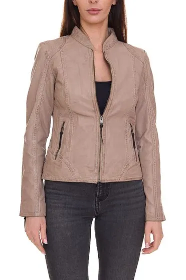 ALPENBLITZ Chaqueta de cuero auténtico para mujer Chaqueta motera Rocky de napa de cordero beige o rosa/negro