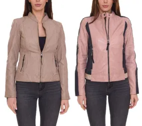 ALPENBLITZ Chaqueta de cuero auténtico para mujer Chaqueta motera Rocky de napa de cordero beige o rosa/negro