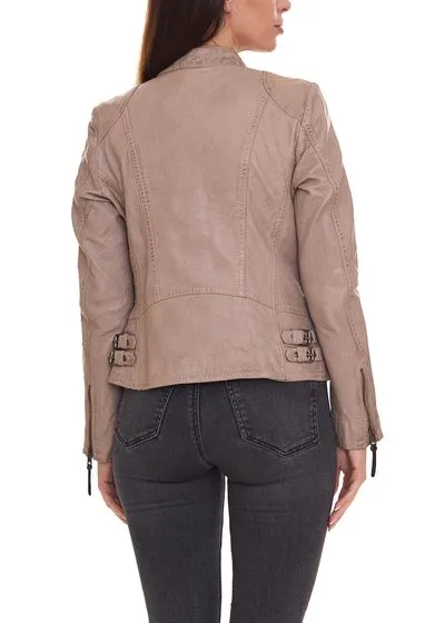 ALPENBLITZ Chaqueta de cuero auténtico para mujer Chaqueta motera Rocky de napa de cordero beige o rosa/negro