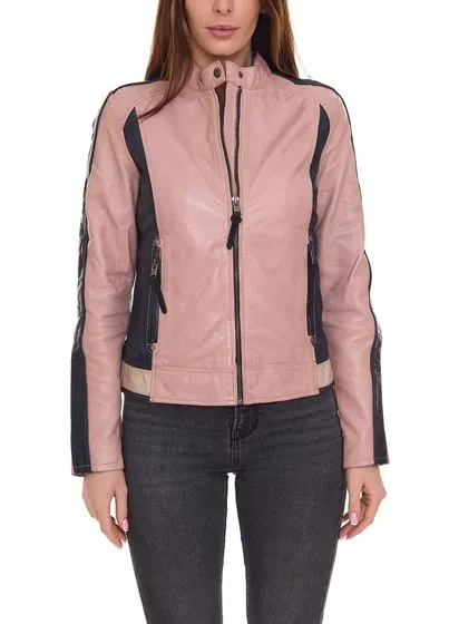 ALPENBLITZ Chaqueta de cuero auténtico para mujer Chaqueta motera Rocky de napa de cordero beige o rosa/negro