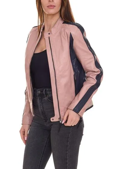 ALPENBLITZ Chaqueta de cuero auténtico para mujer Chaqueta motera Rocky de napa de cordero beige o rosa/negro