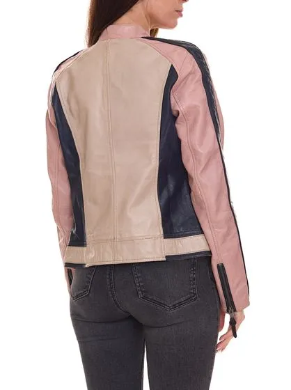 ALPENBLITZ Chaqueta de cuero auténtico para mujer Chaqueta motera Rocky de napa de cordero beige o rosa/negro