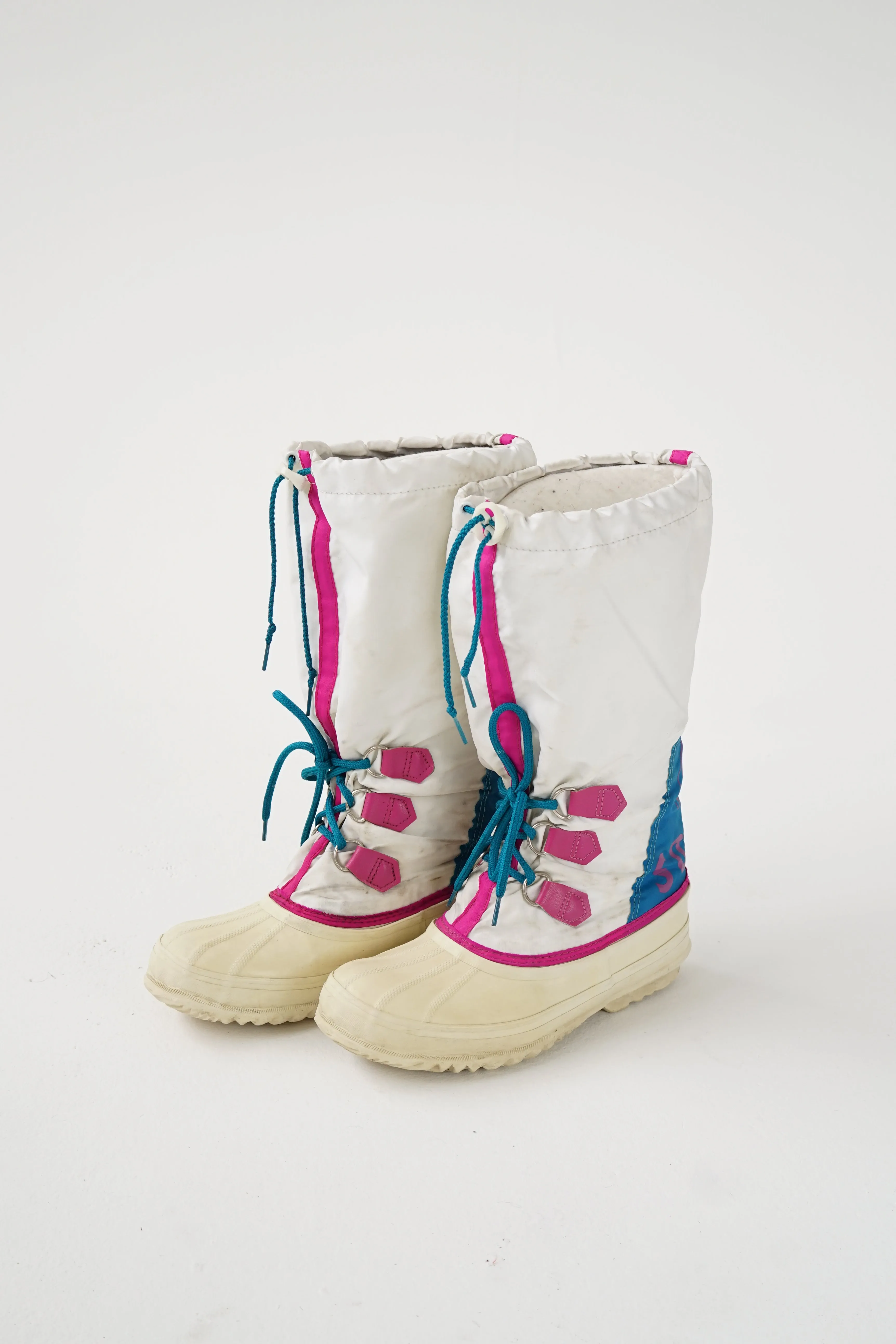 Bottes d'hiver Sorel vintage 80s blanche, magenta et turquoise pointure 7 pour homme (9 pour femme)