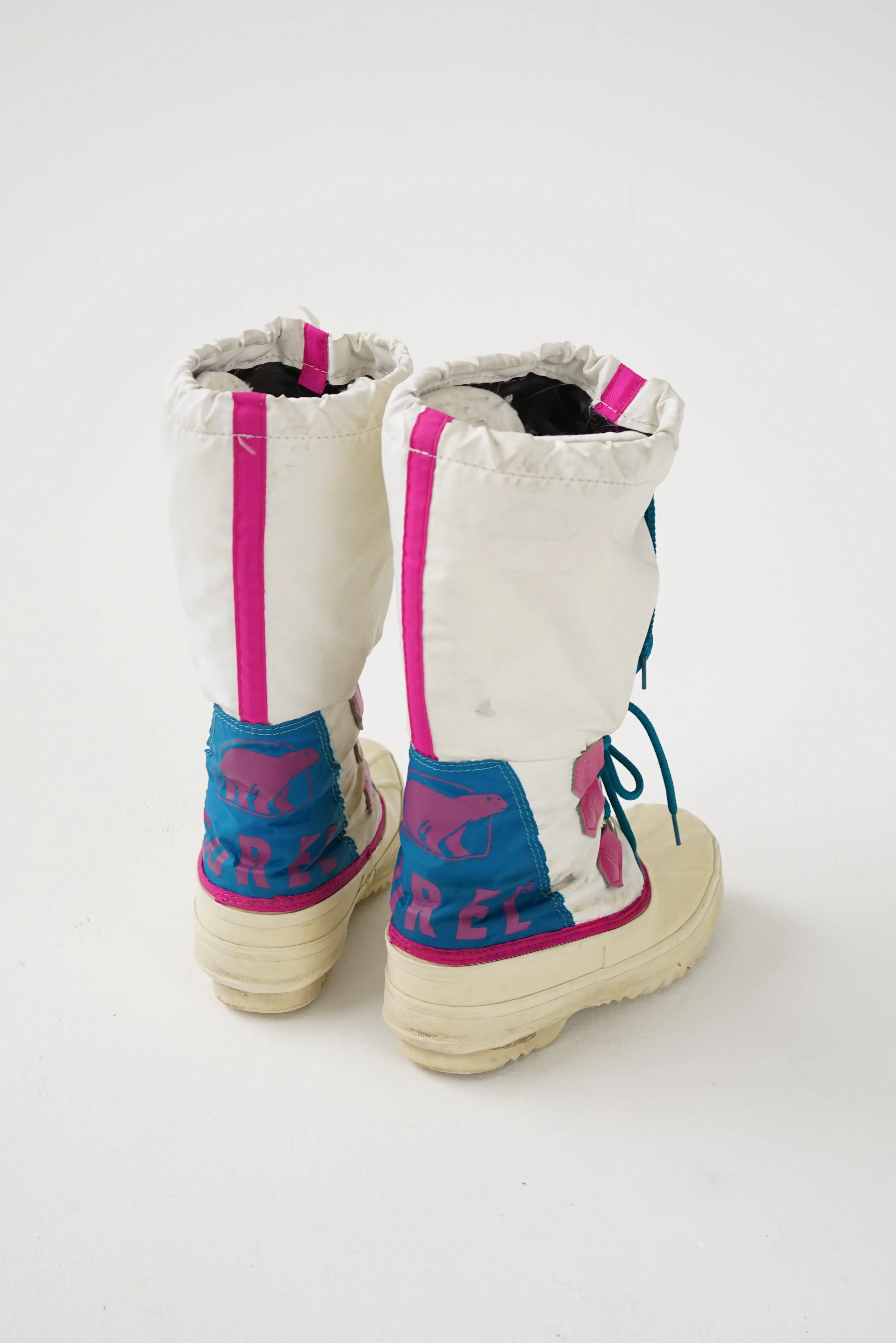 Bottes d'hiver Sorel vintage 80s blanche, magenta et turquoise pointure 7 pour homme (9 pour femme)