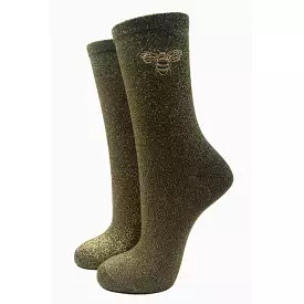 Green Glitter Cotton Rich Bee Motif Ladies Socks