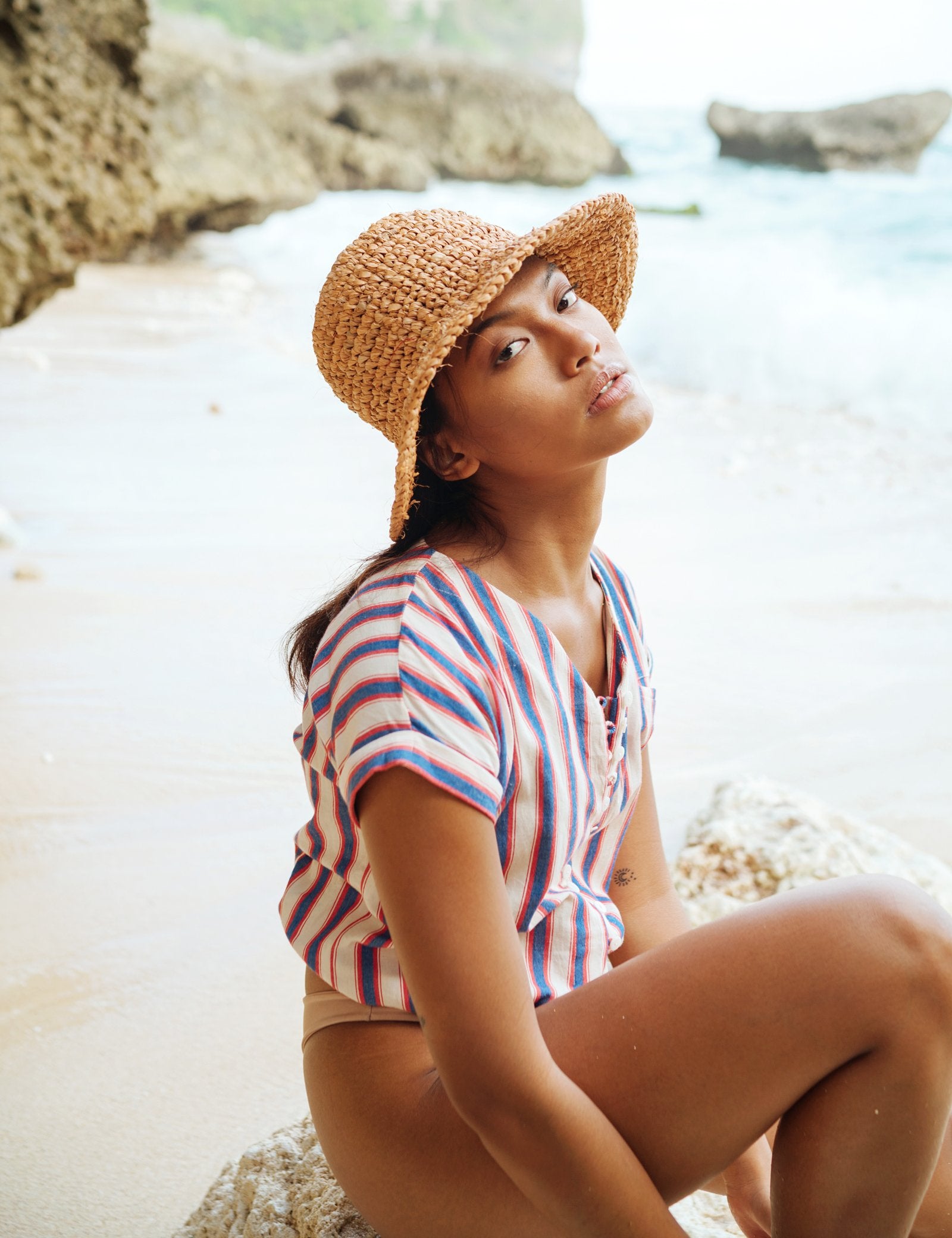 Kirana Raffia Boater Hat, in Camel Beige