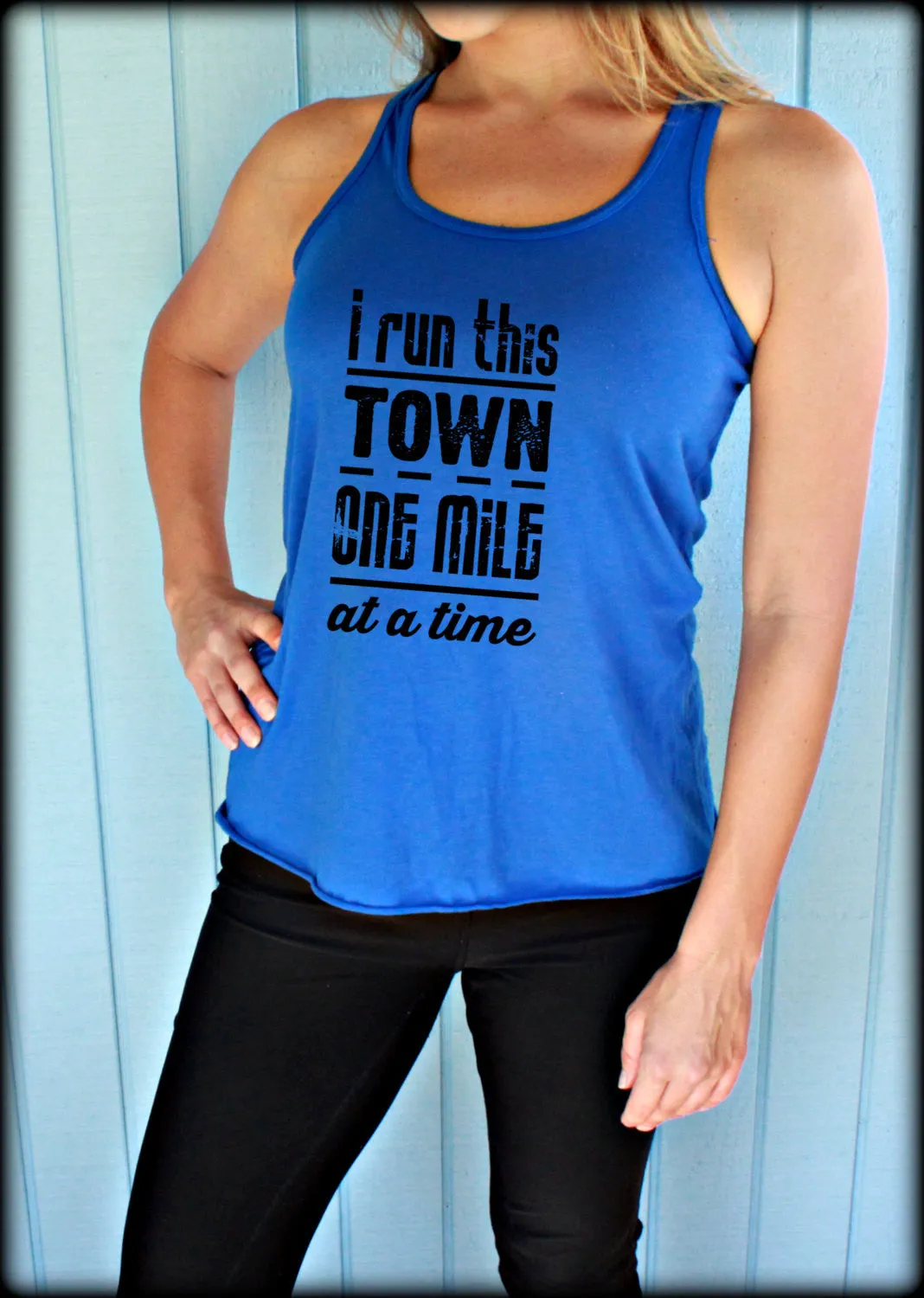 Womens Flowy Running Tank Top. I Run This Town One Mile At A Time. Motivational Workout Clothing. Workout Inspiration.