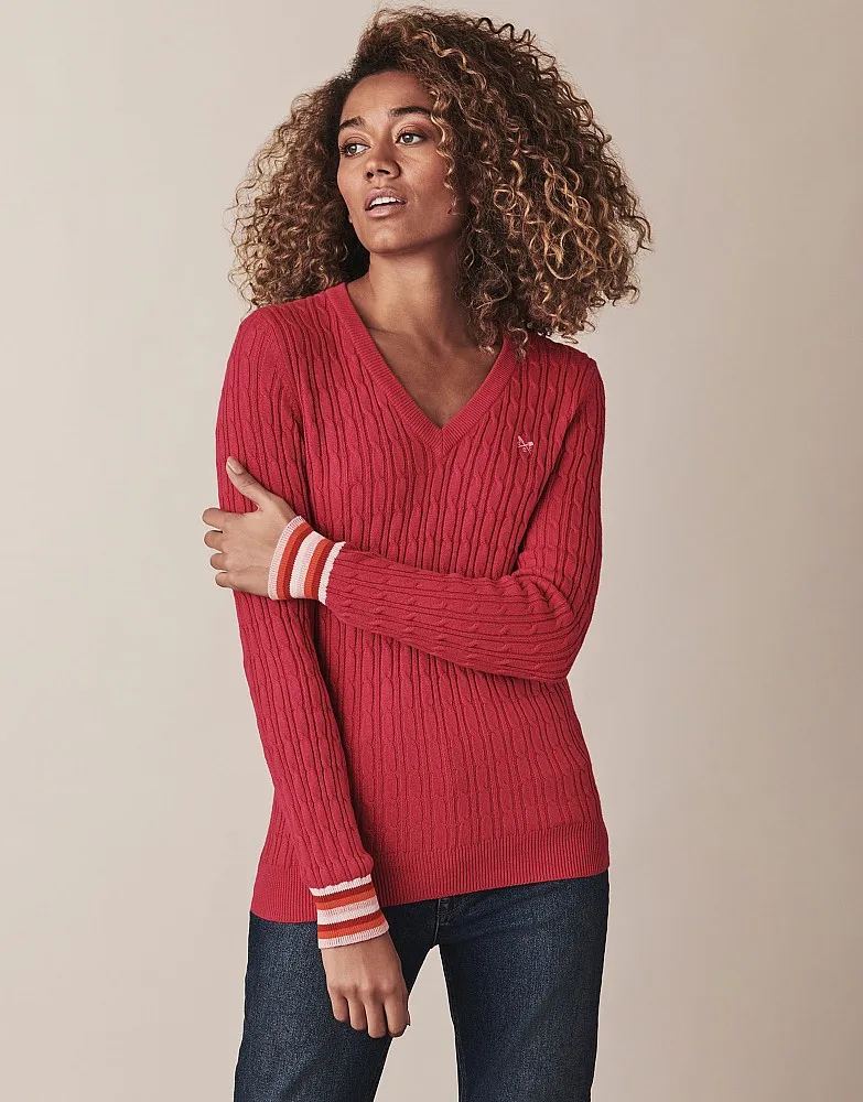 Women's Heritage Tipped Cable V Neck Jumper from Crew Clothing Company