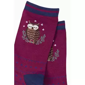 Womens Maroon Novelty Bamboo Owl Socks