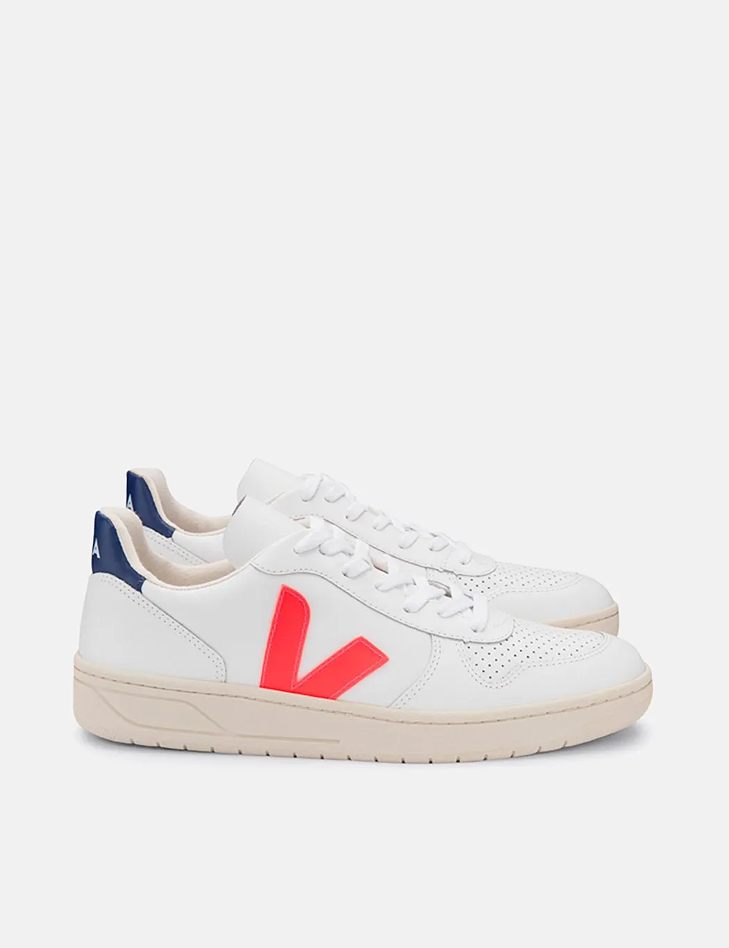 Womens Veja V-10 Leather Trainers - Extra White/Orange Fluo/Cobalt